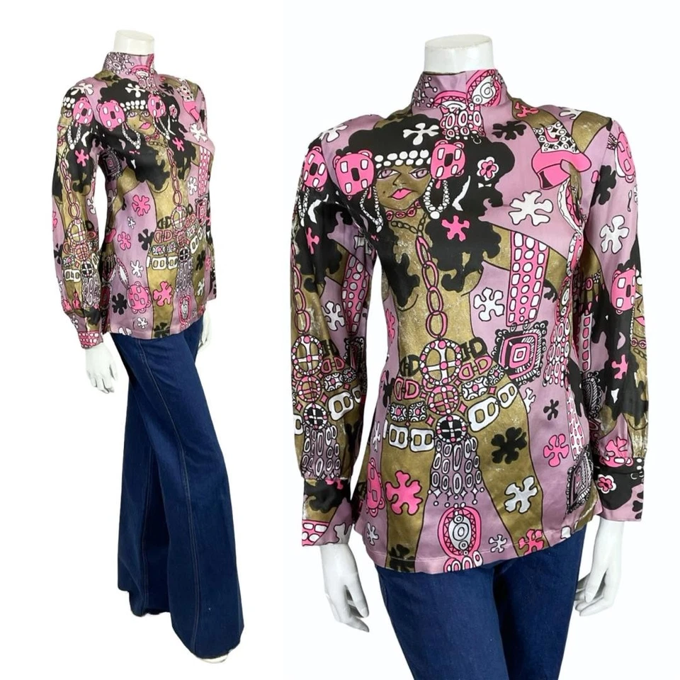 VTG 70S LILAC BROWN PINK BLACK WHITE LADY FLOWER GRAPHIC FUNNEL SHIFT TOP 12 - Image 1 of 4