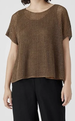 Top tejido bronce lino orgánico Eileen Fisher, XL, manga corta, original $268 Foto 1 de 4