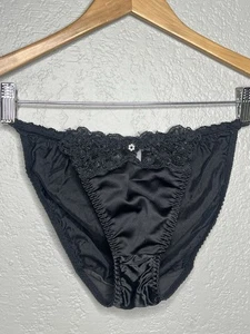Lily Of France schwarz Satin Spitze Antron Nylon String Bikini Höschen Gr. L - Bild 1 von 6