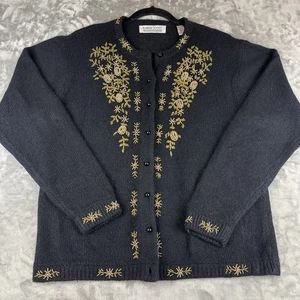 Karen Scott Silk Angora Cardigan Sweater Womens L Black Gold Bead Holiday (1052) - Picture 1 of 11