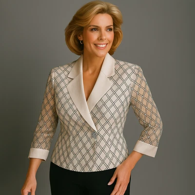 Blazer feminino R&M Richards bege cetim 18 vintage glam padrão diamante anos 80 chique - Imagem 1 de 4