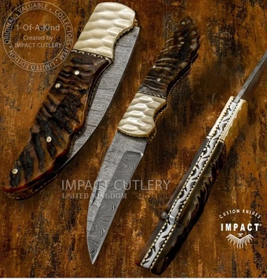 Model # 4991 By Impact Cutlery Handmade Damascus Folding Pocket Knife Slipjoint - Image 1 of 4