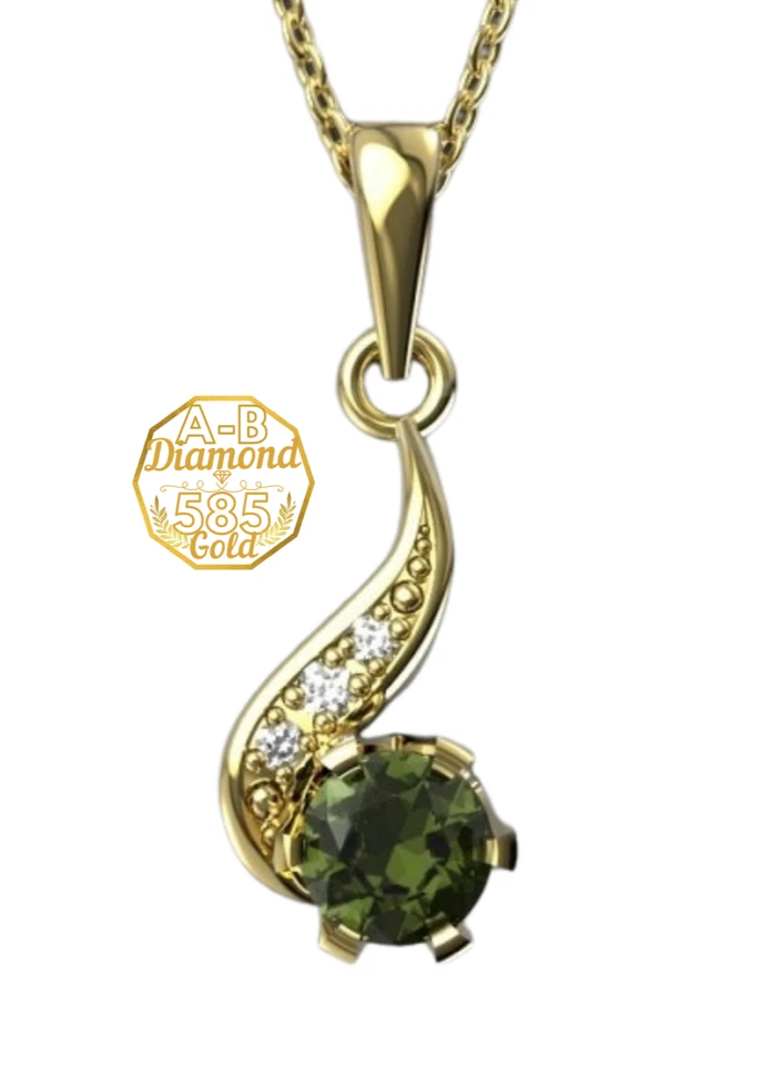 金色吊坠带圆形捷克 moldavite vltavin 和钻石 SI1-G 0,0202 克拉 — 第 1/4 张图片