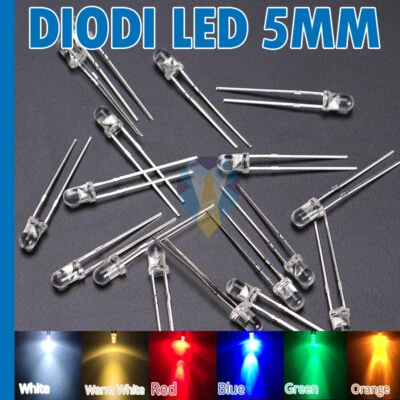 100 DIODI LED 5 mm ALTA LUMINOSITA' BIANCO BLU ROSSO VERDE GIALLO ARANCIONE - Immagine 1 di 4
