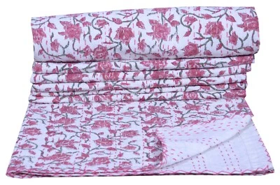 Indian Handmade Cotton Red  Kantha Quilt Floral Print Blanket Bedspread Throw - Image 1 of 4