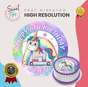 TORTA TOPPER COMPLEANNO COMMESTIBILE TONDO UNICORNO DECORAZIONE PERSONALIZZATA - Foto 1 di 1
