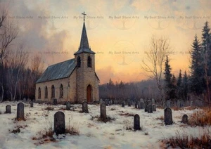 IMPRESIÓN ARTÍSTICA CEMENTERIO IGLESIA DE CAMPO, decoración de invierno capilla gótica, póster cementerio - Imagen 1 de 2