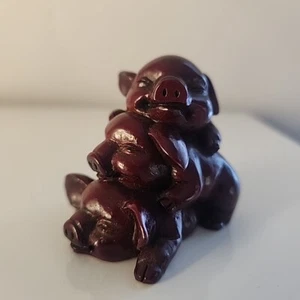 Chinese Pig Red Resin Mini Figurine Zodiac 3 pigs playing - Picture 1 of 16