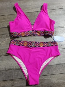 Hilinker Women's 2 Piece Bikini Set Swimsuit V Neck High Waisted Bathing... Sz L - Picture 1 of 6