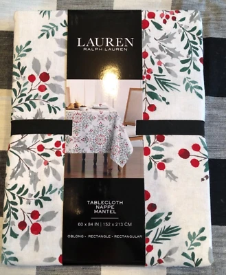 Ralph Lauren WINTER HOLLY 60 x 84"  Green, Red, Grey, White Tablecloth -- NWT - Image 1 of 3