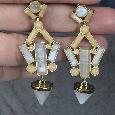 Модные серьги-гвоздики висячие длинные геометрические агат оптический кварц позолота 2 дюйма - Изображение 1 из 4