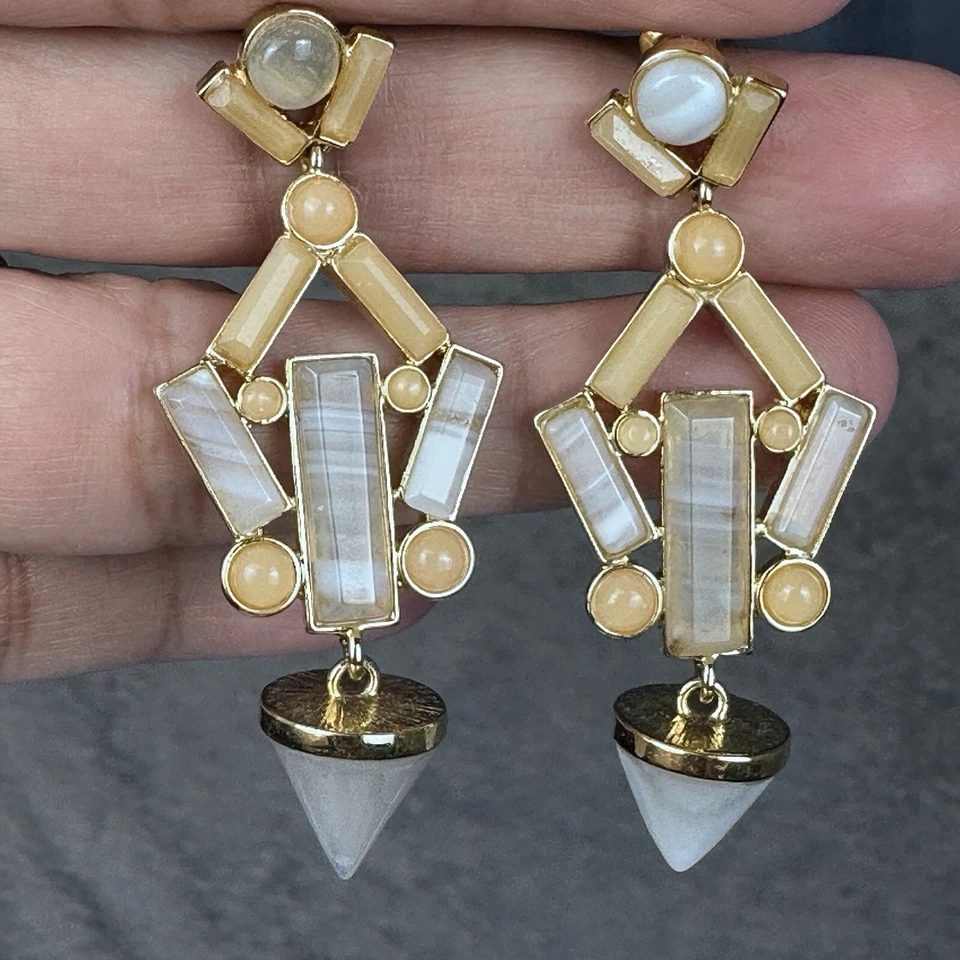 Moda Aretes Colgantes Largos Geométricos Ágata Óptica Cuarzo Chapado en Oro 2" Foto 1 de 4