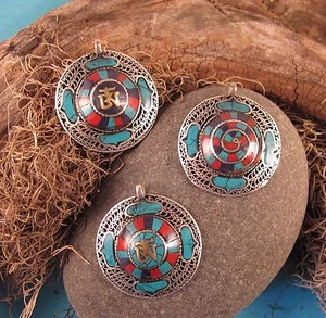 One 1 Large Handmade Metal Filigree Pendant Turquoise Lapis Coral Fair Trade - Picture 1 of 1
