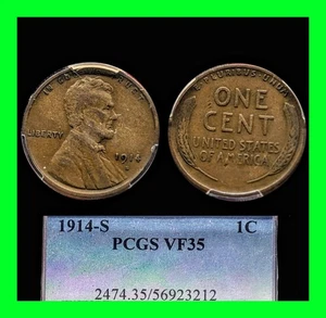 1914-S BN Lincoln Wheat Cent Penny 1¢ Graded PCGS VF35 - Key Semi Date - Picture 1 of 7