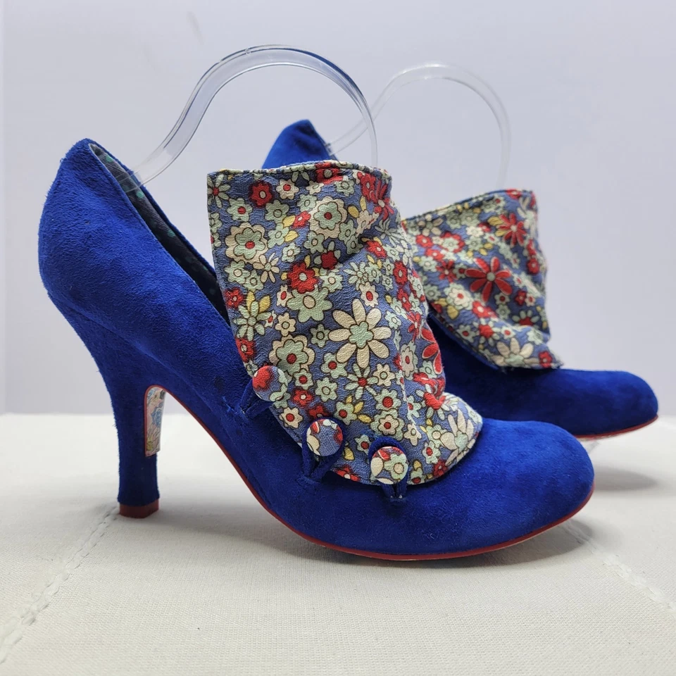 Irregular Choice Flick Flack Azul Gamuza Floral Puño Tacones Mujer’s Talla 9 Retro Foto 1 de 4