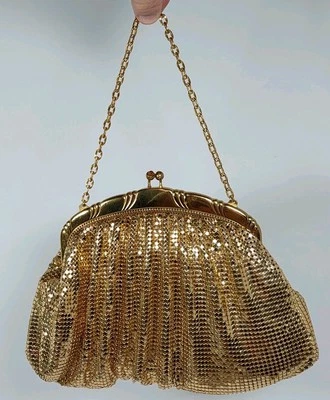 Vtg Whiting & Davis Mesh Evening Bag Purse Kiss Lock Gold Tone 50s Coin Mirror - Image 1 of 4