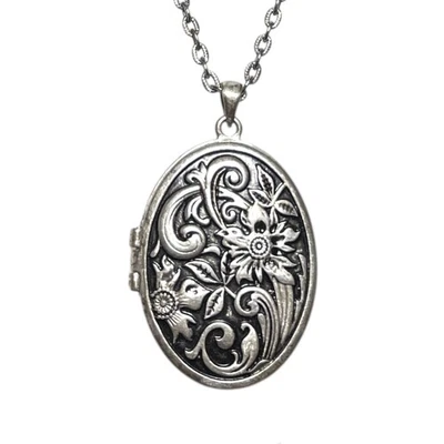 Ожерелье с подвеской в виде цветочного медальона серебристое ретро овальный магнит с завитками антикварное - Изображение 1 из 4