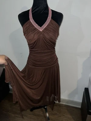 Vestido halter rosa y marrón con lentejuelas brillantes talla M Y2K para mujer Foto 1 de 4