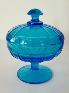 Vtg Turquoise Fenton Glass Candy Compote Pedestal Dish Lid Paneled - Picture 1 of 12