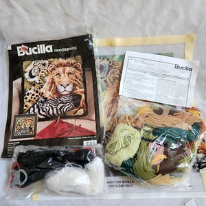 Bucilla Safari Scene Needlepoint Kit Lion Zebra Leopard Crewel Embroidery VTG - Picture 1 of 13