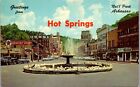 Vintage Postcard Greetings Hot Springs Street View Crystal Fountain Signs Cars