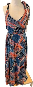 AURA Maxi Dress Womens Medium Multi Geo Print Empire Waist Tie Shoulder V Neck - Picture 1 of 8