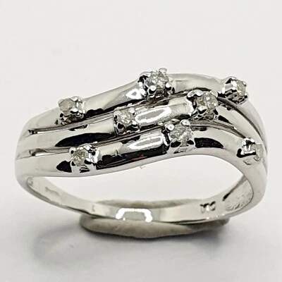 9ct Diamond Triple Rows Wave Crisscross 0.10ct White Gold Ring Size R 1/2  - Image 1 of 4