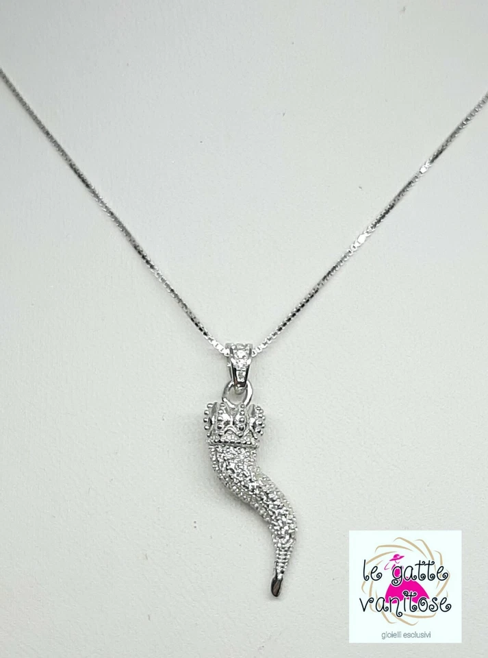 Collana con Corno cornetto  Portafortuna in Argento 925  Zirconi bianchi bombato - Immagine 1 di 4