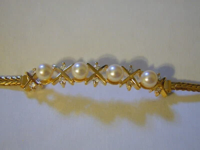 14K GOLD PEARL AND DIAMOND WOMENS BRACELET 7 INCHES - Image 1 of 4
