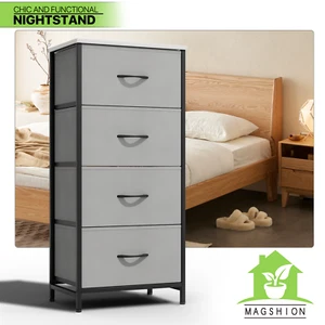 4 Gray Nightstand Fabric Drawers Bedside Table End Table Organizer Chest Storage - Picture 1 of 10