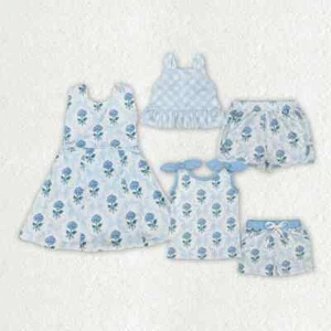Sibling Baby Girls Blue Flowers Bows Yoga Summer Outfits - Picture 1 of 8