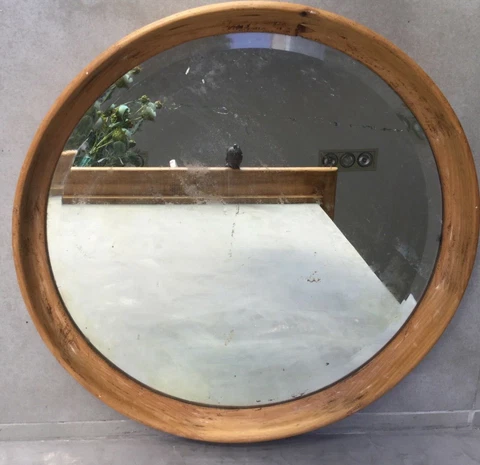 Antique  Round Bevelled Edge Large mirror/tray  with wooden frame Large 21” Cover