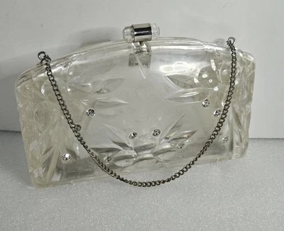 Clear Carved Lucite Clutch Purse Rhinestones 1950s Mid Century Modern Vintage - Image 1 of 4
