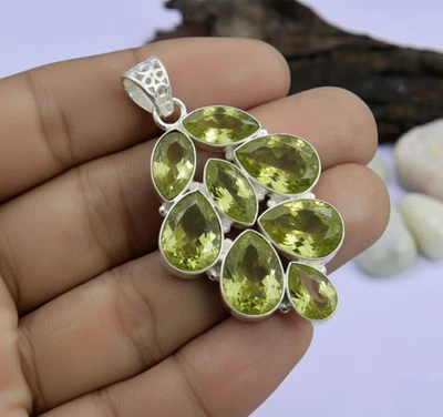 Peridot Pendant 925 Sterling Silver Multi Stone Teardrop Green Boho Jewelry - Image 1 of 4