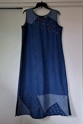 Denim & Co Large Denim Sleeveless Dress Jumper Long Embroidered Design  - Image 1 of 4