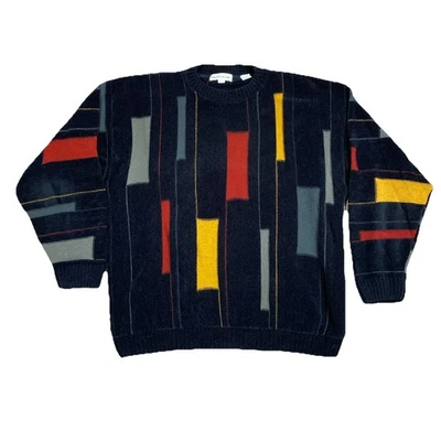VTG Pronto Uomo XL Made USA Abstract Geometric Sweater Black Red Yellow 90s - Image 1 of 4