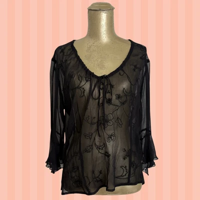 Sunny Leigh Black 100% Silk Sheer Blouse Size M Y2K Whimsigoth Witchy Goth Fairy - Image 1 of 4