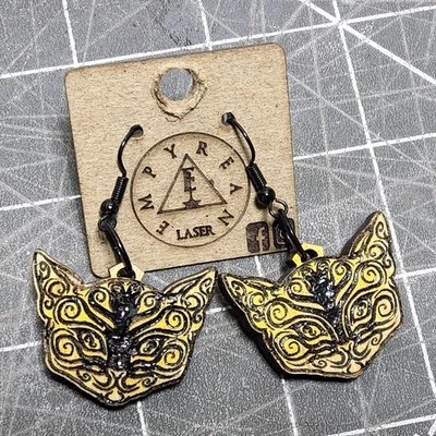 Lasered tribal alien cat earrings hallowen goth punk rockabilly art trippy art - Image 1 of 4