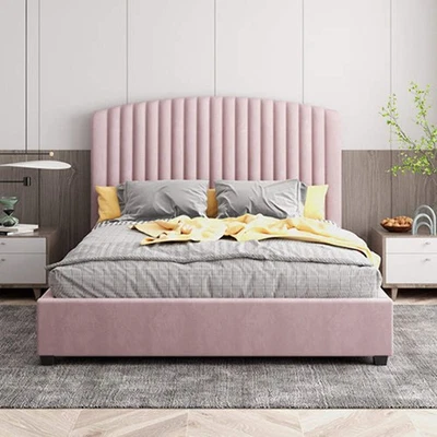 Camelia Queen Size Bed Frame Pink Velvet Upholstery High Headboard Quality Slats - image 1 of 4