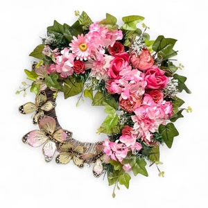 23" Floral Blossom Handcrafted Wreath with Butterfly Easter and Spring Wreath - Picture 1 of 4