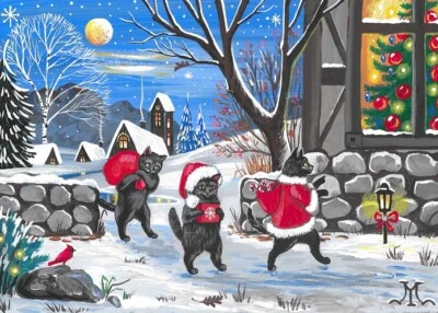 5x7 PRINT OF PAINTING RYTA CHRISTMAS BLACK CAT CARDINAL ART COTTAGE Folk Farm 🎄