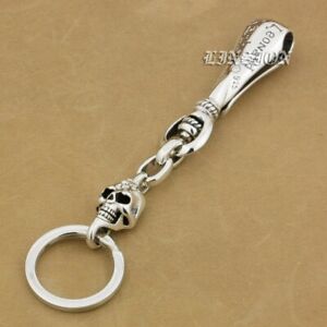925 Sterling Silver Skull KeyRing Mens Keychain Punk Belt Clip Accessory 9T013C
