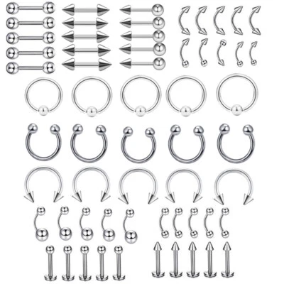 60 Pezzi Curvo Bilanciere Sopracciglia Banana Barretta Anello Piercing Acciaio - Immagine 1 di 2