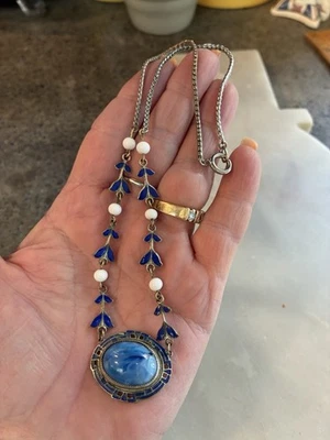 VINTAGE ART DECO BLUE Cabochon & ENAMEL NECKLACE - Image 1 of 4
