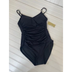NWT Michael Kors Swimsuit Black V-Neck Ruched One Piece Bathing Suit Size S - Picture 1 of 6