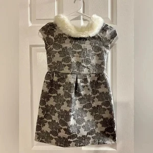 Janie and Jack Collections Dove Grey Floral Faux Fur Collar Jacquard Dress 7 - Picture 1 of 3