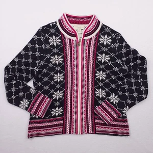 Appleseeds Sweater Womens Petite Medium Black Pink Cardigan Geometric Holiday - Picture 1 of 16