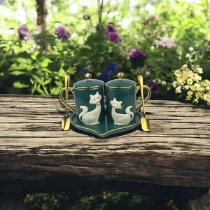 Feiyadbf Love Life Ceramic Cat Couple Mug Set Green Gold Spoons Lid Tray Box NEW - Picture 1 of 21