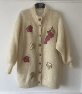 Mohair Hand-Knitted Coatigan/Long Cardigan CREAM & Appliqué L/XL 1980’s ICONIC! - Picture 1 of 23