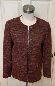 Lafayette 148 New York Red White Tweed Zip-Up Jacket w/ Leather Trim, Size M - Picture 1 of 7